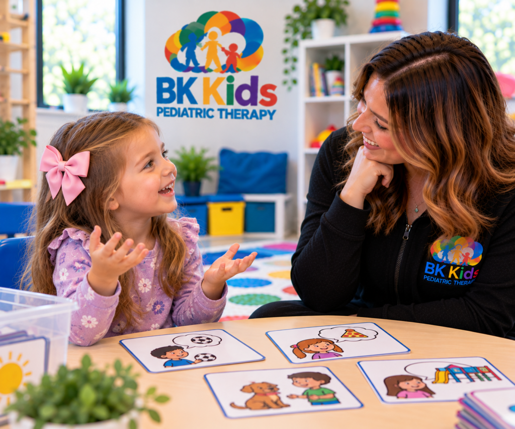 Child practicing social communication skills with a Speech-Language Pathologist at BK Kids Pediatric Therapy in Joliet Illinois