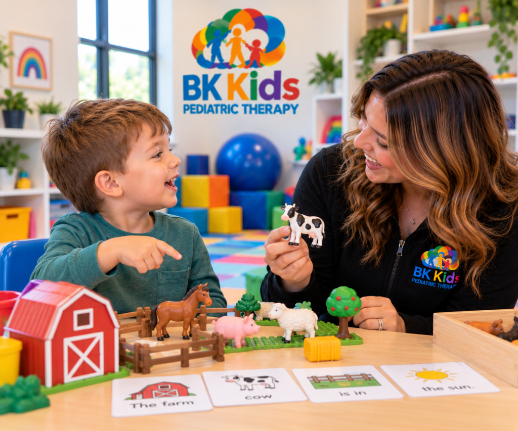Child practicing receptive language and following directions during Speech Therapy at BK Kids Pediatric Therapy in Joliet IL