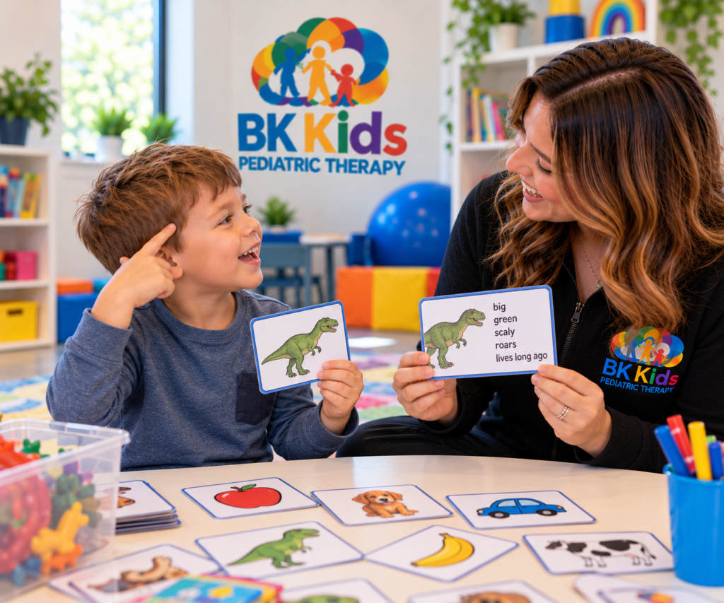 Child practicing vocabulary and word retrieval skills during Speech Therapy at BK Kids Pediatric Therapy in Joliet Illinois